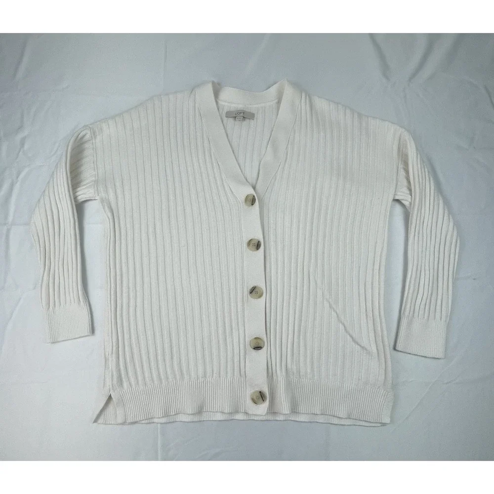 LOFT WOMENS IVORY RIBBED BUTTON FRONT CARDIGAN SWEATER SIZE M SOFT KNIT